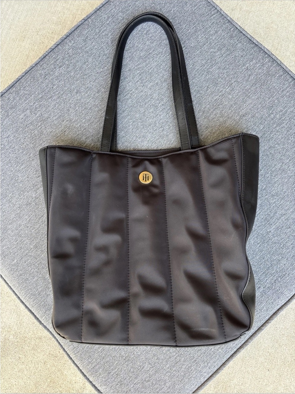 Tommy Hilfiger Double Top Handle Purse Tote Black 100% Nylon 12” X 11” X 4”